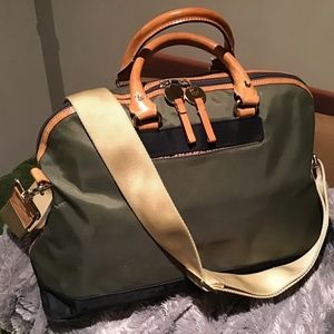 DANZO ‘RETRO KHAKI GREEN NYLON WITH BEIGE VACHETTA HANDLES & TRIMS  BABY BAG